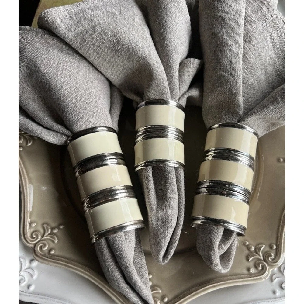 Vintage‎ Set Of 7 Silver Plated And Beige Enamel Napkin Rings Great Quality MCM